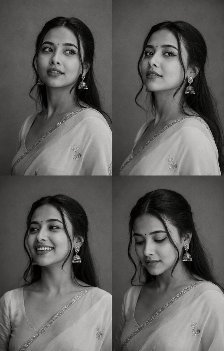 ali_talal69358's tweet photo. PROMPT:

Black-and-white fashion casting contact sheet of [HUMAN] with [HAIR], arranged in a clean 2x2 grid of four close portrait frames against [BACKGROUND], wearing [CLOTHING] and [ACCESSORY]. Each frame shows a different expression and angle: [EXPRESSIONS]. Soft studio lighting, crisp monochrome contrast, natural skin texture, visible facial details, clean plain backdrop, subtle film grain, high-end editorial test shoot, minimal styling, intimate camera distance, professional portrait photography, aspect ratio 4:5.