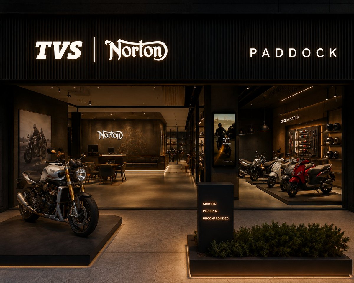 Vfoundit23's tweet photo. TVS is building a premium retail network called - TVS Paddock. Norton. Premium EVs. Build-to-order.

The Norton acquisition in 2020 was the signal. This is the execution.

Norton targeting 200 dealerships across 20 countries and 20,000 units by 2030. 

TVS is India's 2nd largest two-wheeler OEM. They've always been seen as the scrappy, smart underdog behind Hero and Honda.

#TVS #Norton #India #MakeInIndia #Premium #Motorcycles #Twowheelers #Bike 

@tvsmotorcompany