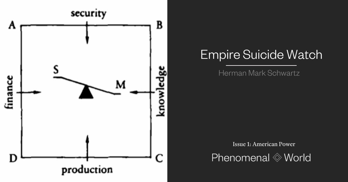 phenomenalworld's tweet photo. “I do think there is justification for saying this is an empire on suicide watch: the leadership at the center is actively undermining the very foundations of American power.”

An interview with Herman Mark Schwartz. 

https://t.co/ArPFmffTrB https://t.co/9Lm3ztr6rI