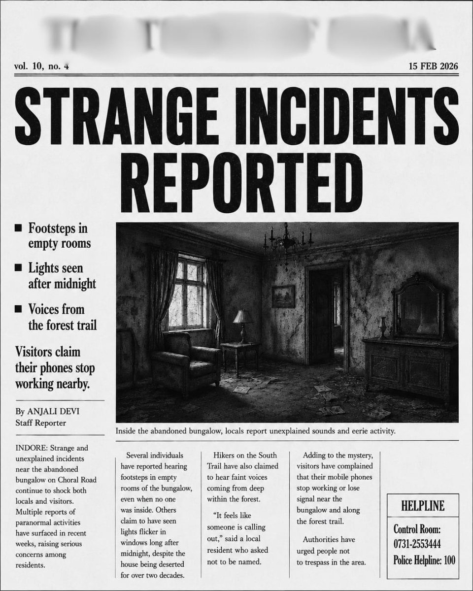 TheHauntingInMP's tweet photo. 🚨 BREAKING: Locals warn no one should enter the Choral Road bungalow after midnight.

Strange lights. Unexplained sounds. Decades of mystery.

Would you dare step inside? 👀

#BreakingNews #Mystery #Indore #Haunted #UrbanLegend #MidnightMystery #Horror #UnsolvedMystery https://t.co/w2BqStyikU