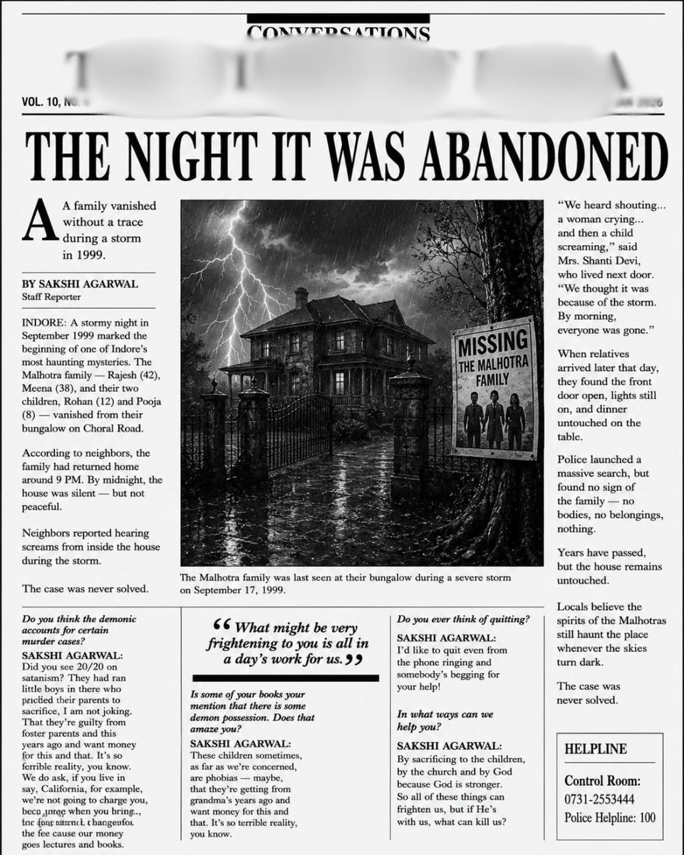 TheHauntingInMP's tweet photo. 🚨 BREAKING: Locals warn no one should enter the Choral Road bungalow after midnight.

Strange lights. Unexplained sounds. Decades of mystery.

Would you dare step inside? 👀

#BreakingNews #Mystery #Indore #Haunted #UrbanLegend #MidnightMystery #Horror #UnsolvedMystery https://t.co/w2BqStyikU