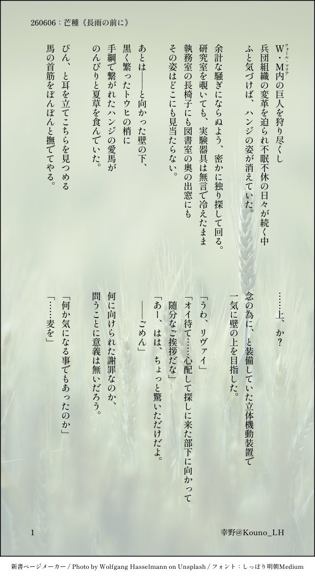 Kouno_LH's tweet photo. 6/6、芒種🌿

▼原作軸 #リヴァハン 、空白の4年間の二人。 https://t.co/pOJHKjiQwx
