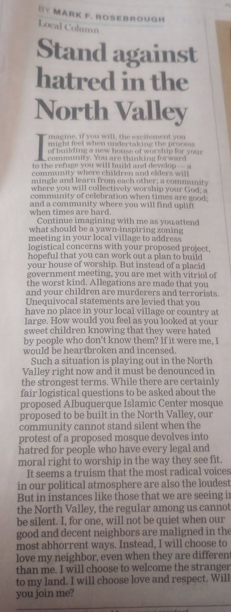 RevMarioRico's tweet photo. Albuquerque is fighting against an Islamic center in our city and the Albuquerque Journal decides to publish this article. 
When is the Journal going to write a piece on the ways of Islam. The ways of Sharia Law that murd3 rs their own, rap3s children, and dances to chants of Death to America?! 
Wake Up!

For those who think I am mean: Pastors shepherd, shepherds protect the flock. Shepherds DO NOT let the enemy in the camp!

This article is from the Albuquerque Journal 6/5/26: