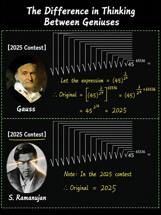 SolvingForZ's tweet photo. Rigorous Logic vs. Pure Intuition! 🧠⚡
Gauss calculates it step-by-step, but Ramanujan just sees the answer instantly from the context! 🤯
#Mathematics #MathMemes #Gauss #Ramanujan #MathPuzzles #GeniusThinking #STEM #Logic https://t.co/xTKiOXKIFv