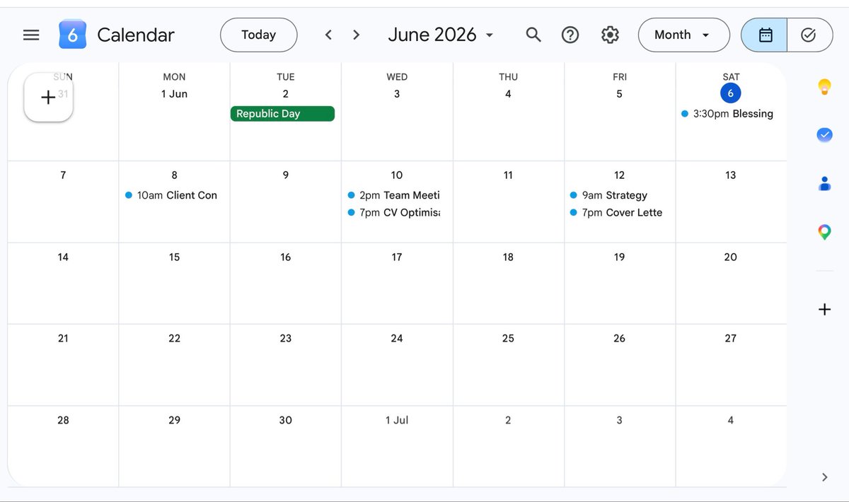 IdaborStephanie's tweet photo. Another skill added to my VA portfolio. 📅

✅ Google Calendar Management — done!

An organised calendar = a stress free business owner. 💡

Still building. Still growing. 🌿

— Blessing Idabor 🇮🇹

#VirtualAssistant #CalendarManagement #VASkills #BlessingIdabor https://t.co/UTy3QscmW5