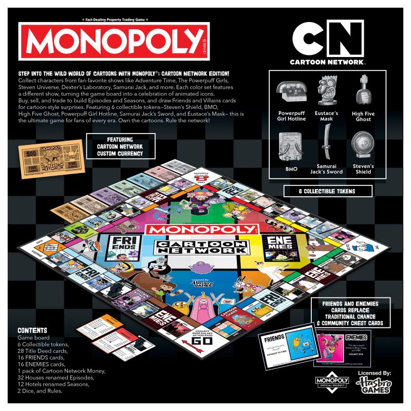 RegularTweetsUK's tweet photo. Usaopoly (The Op), in partnership with Warner Bros and Hasbro, has officially launched MONOPOLY®: Cartoon Network Edition.

Key Game Features:

Themed Board: Colour sets are categorised by different Cartoon Network series, allowing players to buy, sell, and trade iconic characters like Dexter, Finn & Jake, Courage, and Garnet.

Custom Tokens: Includes six unique, show-specific game pieces (Steven’s Shield, BMO, High Five Ghost, the Powerpuff Girls’ Hotline Phone, Samurai Jack’s Sword, and Eustace’s Mask).

Reimagined Mechanics: Traditional houses and hotels have been replaced with "Episodes" and "Seasons" to upgrade properties.

Special Cards: Standard game cards are swapped for "Friends and Enemies" cards, which introduce thematic advantages or unexpected chaos.

The family-friendly board game is currently available for purchase and acts as a comprehensive celebration of the network's broadcasting history.

Links on the following post.