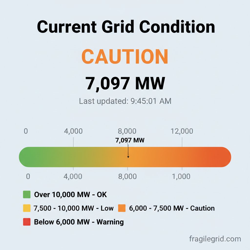 FragileGrid's tweet photo. ⚠️ Caution: ERCOT Grid Conditions are very low at 7,097 MW. Take caution, power outages could be likely.

Check real-time grid status: https://t.co/rrwzhKlzWT

#ERCOT #TexasGrid #PowerGrid #FragileGrid https://t.co/kGmkPK4c2c