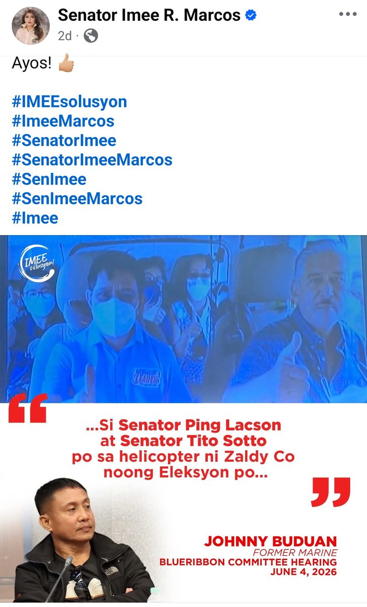 dumidyeypee's tweet photo. Imee Marcos sharing fake news, again. 

Left is the "malita" photo of Tito and Ping. Right is the campaign photo from Daet, CamSur to Sorsogon. @sotto_tito @iampinglacson https://t.co/FpK7w5temq