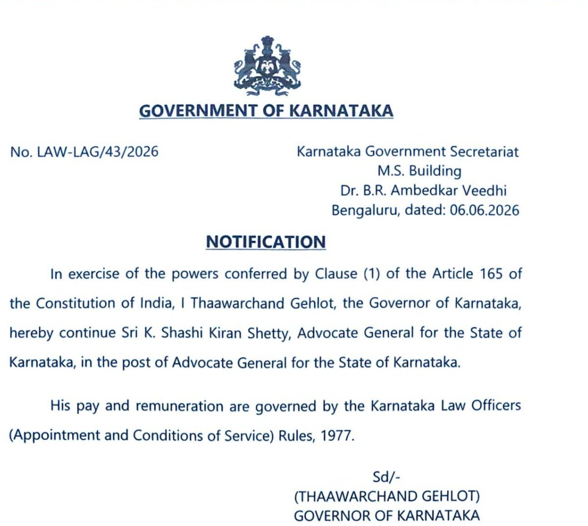 barandbench's tweet photo. Governor of Karnataka notifies  continuation of K Shashi Kiran Shetty as Advocate General of Karnataka. https://t.co/QTpeBVtnHe
