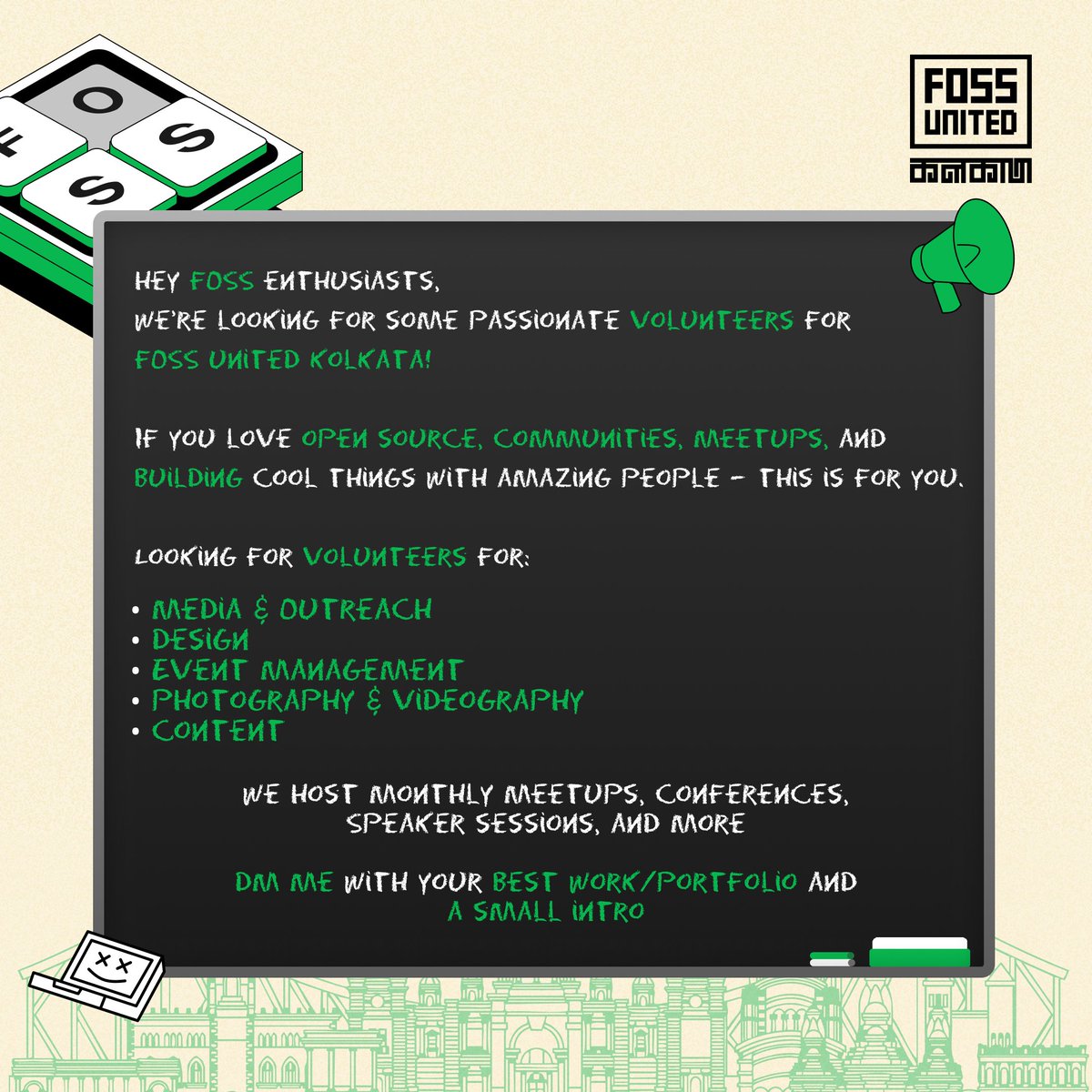 _Arup18_'s tweet photo. Whether you're into Open Source, Design, Content, Photography, Outreach, or Event Management, we'd love to have you on board.💚

Help us host meetups, workshops, and a stronger FOSS community in Kolkata.

#FOSSUnited #FOSSUnitedKolkata #OpenSource #KolkataTech https://t.co/0sMkEtZuP4