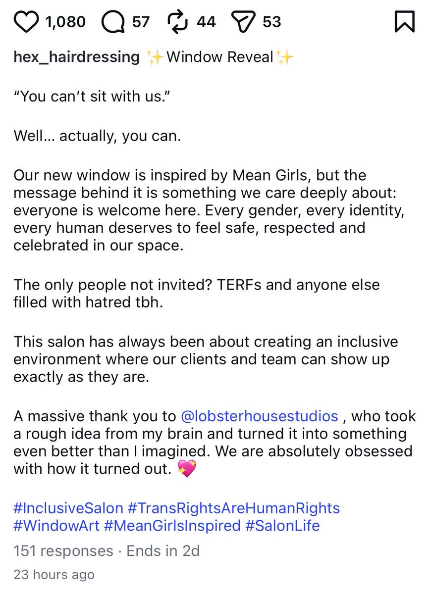 Sorelle_Arduino's tweet photo. If you are woman in need for female only rape crisis support, female intimate care, female changing rooms you are not welcome at Hex Hairdressing in Manchester

“The only people not invited? TERFs” https://t.co/WI8fGDgWM2