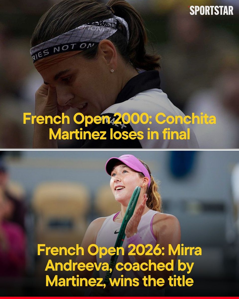 sportstarweb's tweet photo. ʀᴇᴅᴇᴍᴘᴛɪᴏɴ ꜰᴏʀ ᴄᴏɴᴄʜɪᴛᴀ ᴍᴀʀᴛɪɴᴇᴢ!

2000: Lost 6-2, 7-5 to Mary Pierce 🇫🇷 as a player on Court Philippe-Chatrier in the final 

2026: Watched teen sensation Mirra Andreeva win her maiden Grand Slam title on the same court as the Russian's coach

📸 Getty Images

#RolandGarros