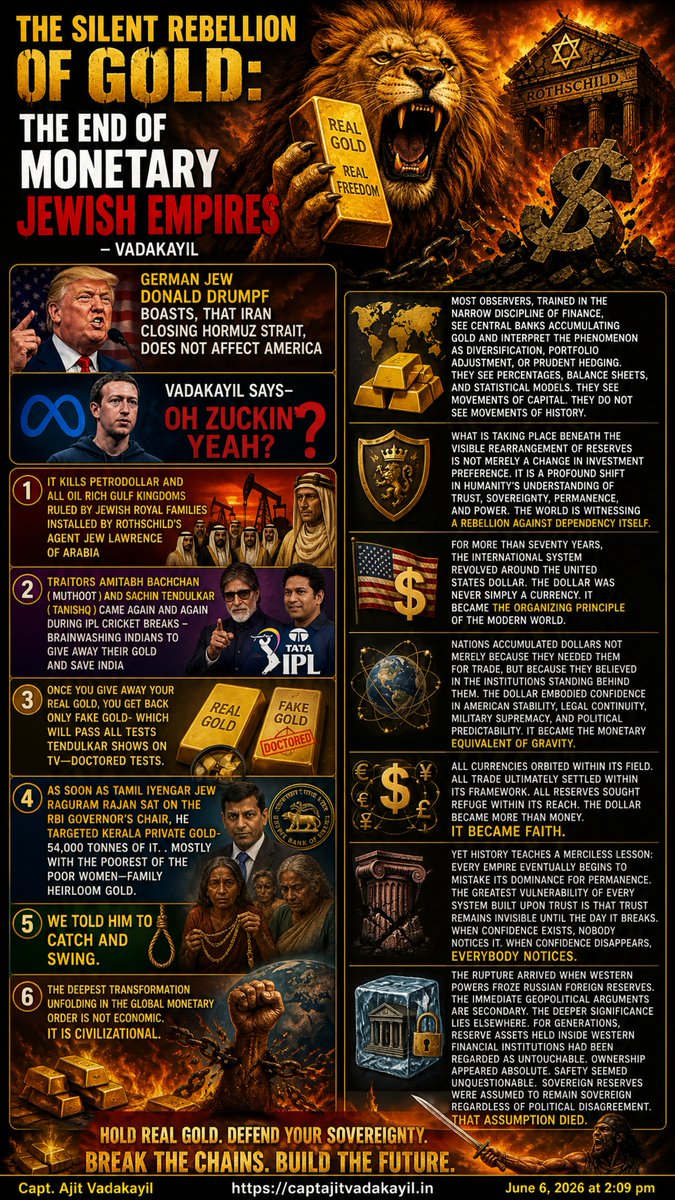 rakeshsivsn's tweet photo. THE SILENT REBELLION OF GOLD: THE END OF MONETARY JEWISH EMPIRES - Capt. AV
@nsitharaman @RBI @FinMinIndia @Swamy39 @AmartyaSen_Econ @RaghuramRRajan @GitaGopinath @MaMoMVPY @omzidar @WSpriggs @dashofinsight @CLMannEcon @LarryMishel @AntonioFatas @TimothyTTaylor @WenzelEconomics https://t.co/eKzt7R6mXh