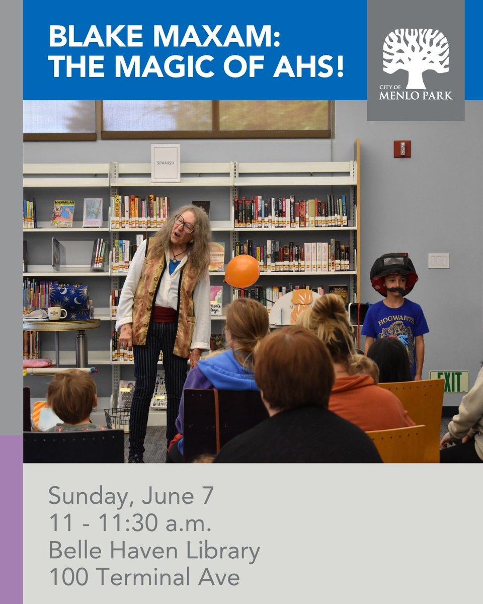 MenloLibrary's tweet photo. Magic at the library on Sunday! You’ll love it when Blake Maxam materializes at Belle Haven Library June 7! Blake astounds and amazes children of all ages with a show full of laughter and surprises, and oohs and ahs. https://t.co/CxFPNh3wvO https://t.co/xVreJfoHj4
