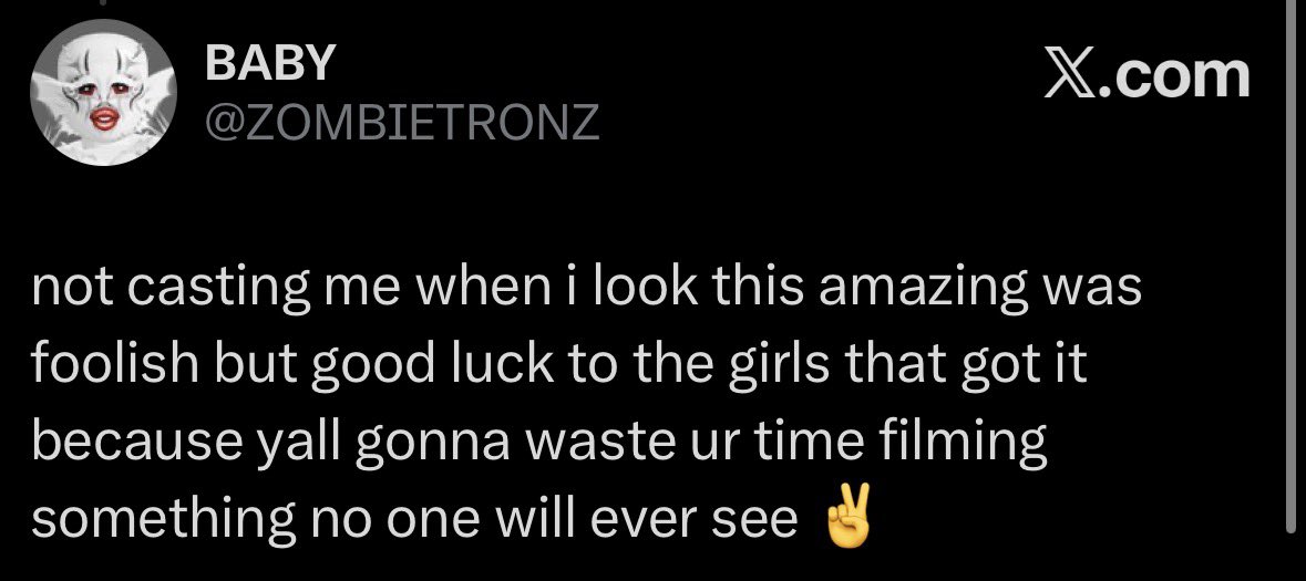 PopBaseRodrag's tweet photo. Baby (@ZOMBIETRONZ) expresses her disappointment after not being cast on Demure’s Drag Race (@demurerblx).

Do you think she should have made the cast? https://t.co/t3BQfMnxAC
