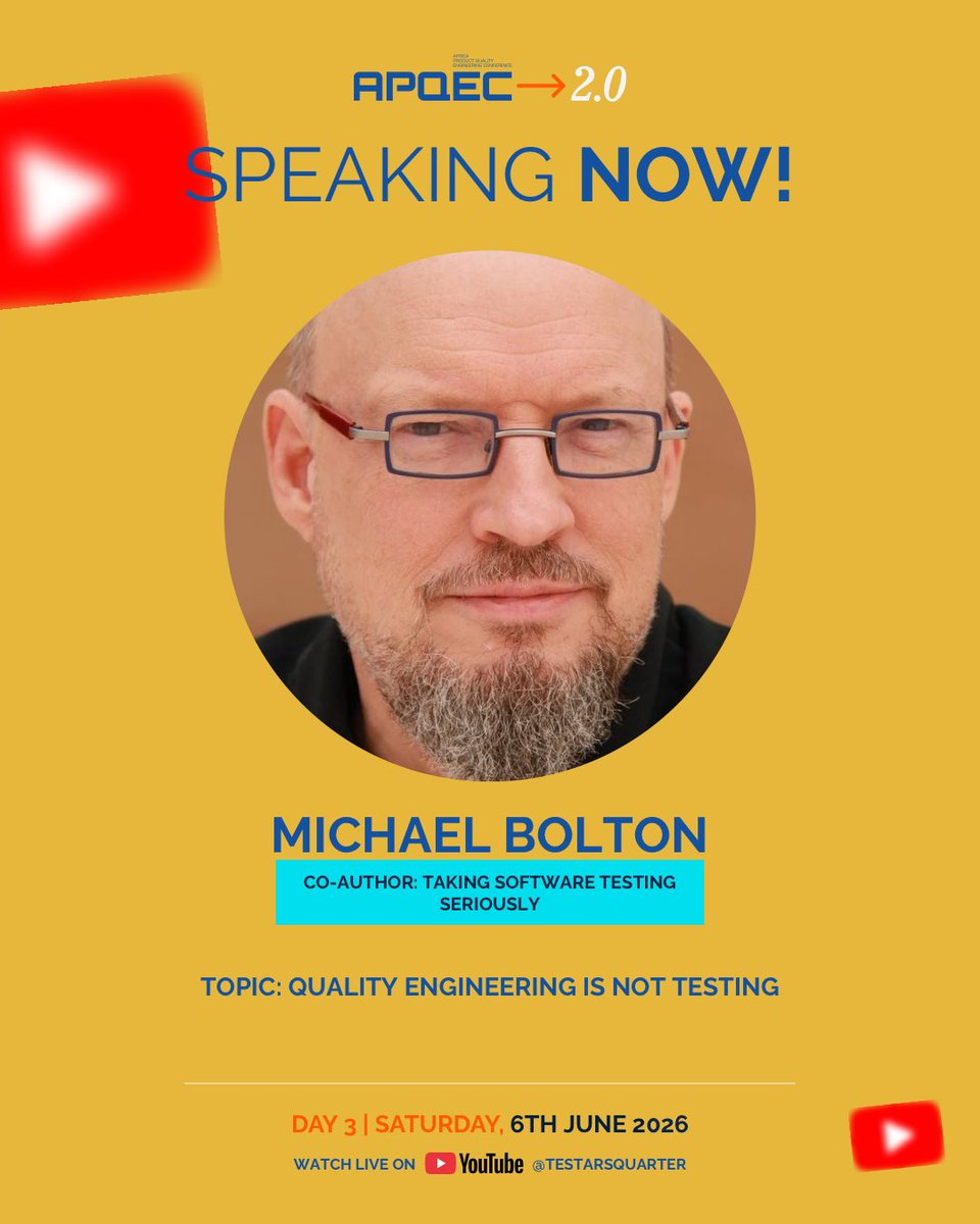 TestarsQuarterr's tweet photo. A perfect way to close APQEC 2.0.

Our keynote speaker, Michael Bolton—co-author of Taking Software Testing Seriously—is now live with:
“Quality Engineering is NOT Testing.”

One of the most influential voices in the industry.

🎥 Join here:
https://t.co/WDWGqNu9ZU https://t.co/V5J2pZ6AgH