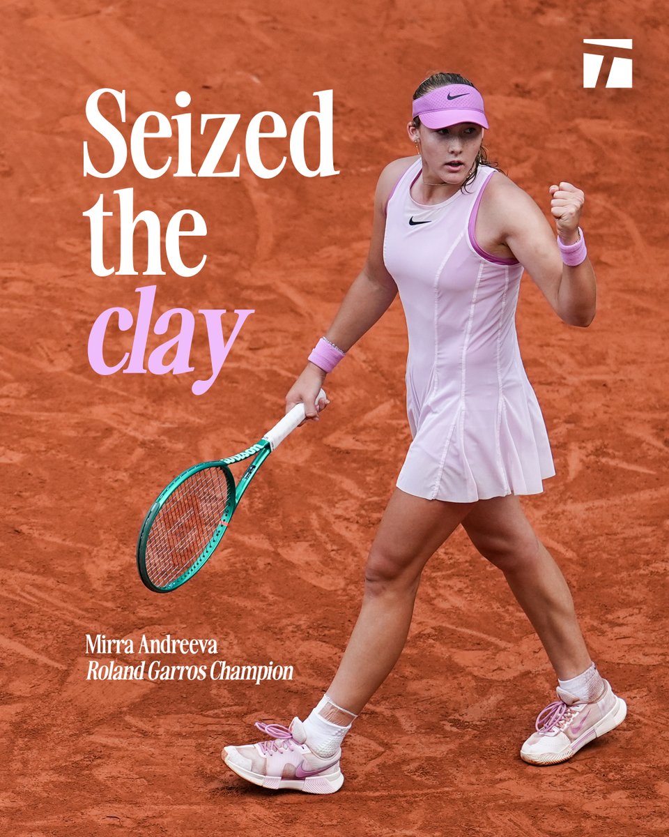 TennisChannel's tweet photo. The 19-year-old reigns on clay 👑🧱

Your 2026 Roland Garros women’s singles champ is Mirra Andreeva! 🙇‍♀️

#RolandGarros https://t.co/Digsbx7uZD