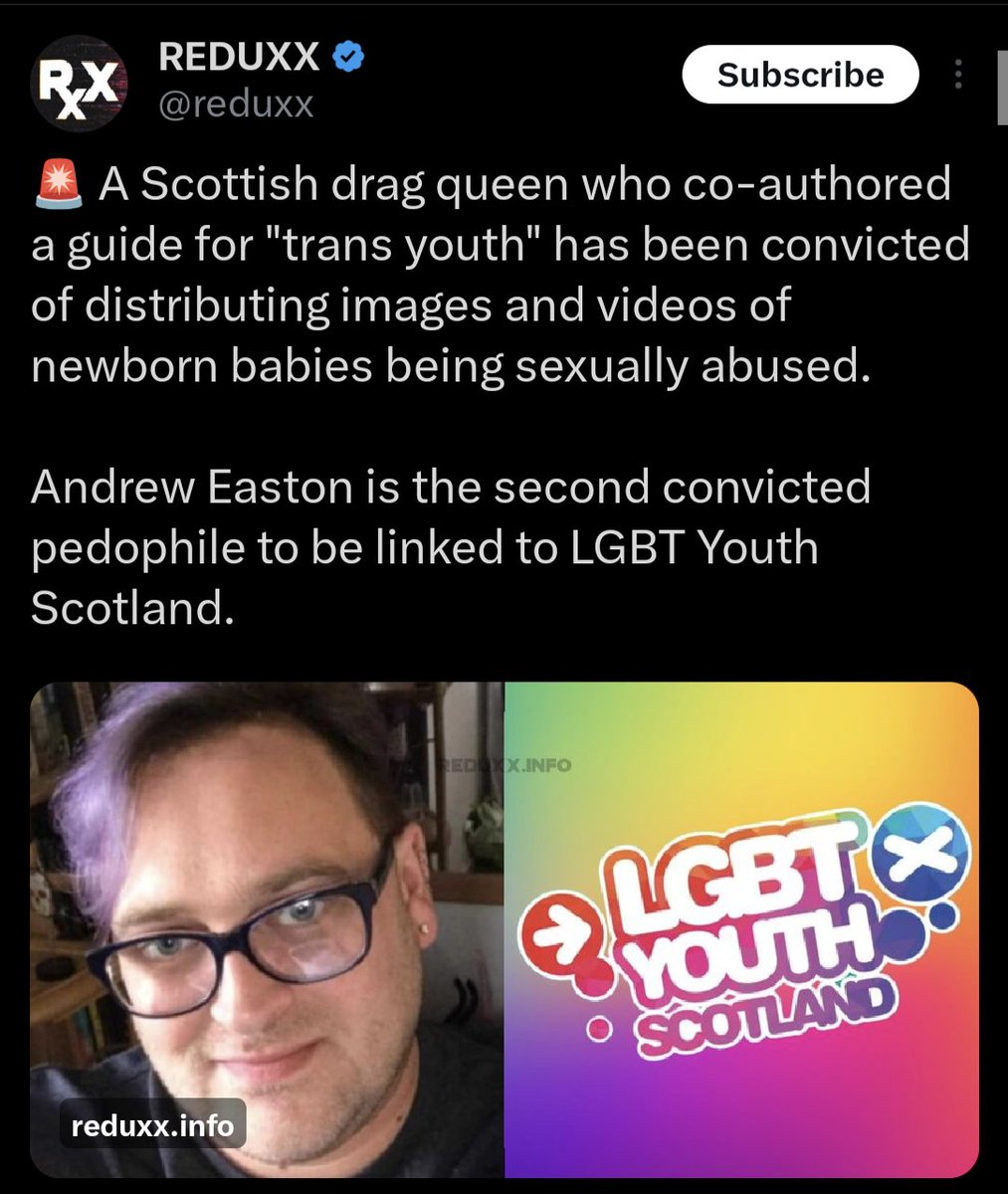 WomenReadWomen's tweet photo. A Scottish drag queen who co-authored a guide for “trans youth” for a major LGBT charity was convicted of distributing child pornography. 

Andrew Easton was spared an immediate prison sentence despite communicating online with a 13-year-old boy.

https://t.co/CLTKKpr3vZ https://t.co/iYSLaKEF4M