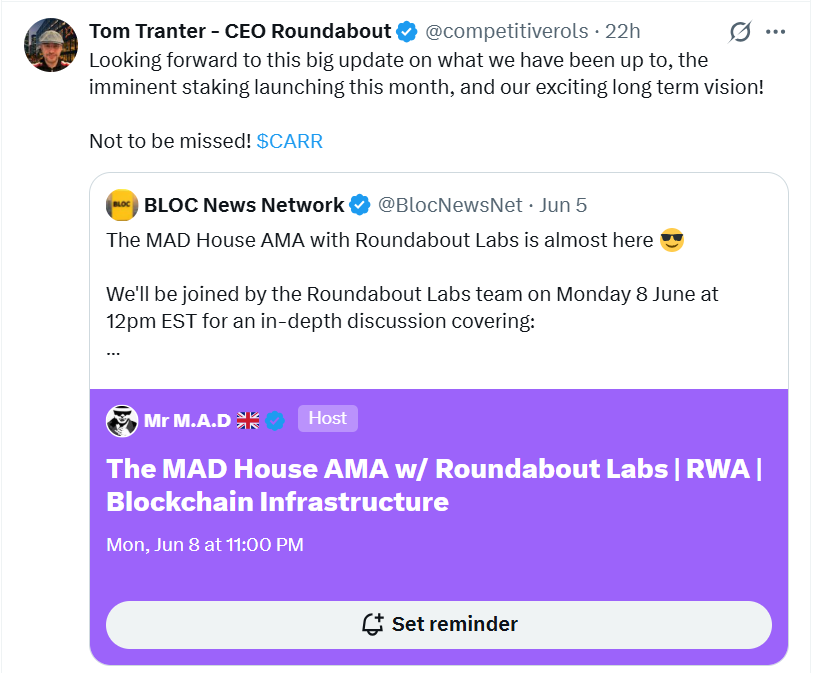 NeutralViewLab's tweet photo. Roundabout Labs continues to make strong progress.⚡️
CEO Tom @competitiverols Tranter shared his excitement about the upcoming launch of $CARR staking and the project’s long- term vision during the MAD House AMA on Jn 8.
This is a great opportunity to gain a deeper understanding of the project’s blockchain and RWA infrastructure.
#CARR