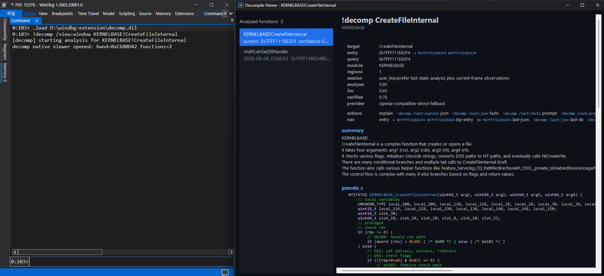 kernullist's tweet photo. Released v0.0.8 of windbg-decompile-ext.
This update adds a native dark decompile viewer for WinDbg, cached function browsing, and persistent replay for previously analyzed targets.
repo: https://t.co/8rXb1fGOuT https://t.co/pjLePLkhGO