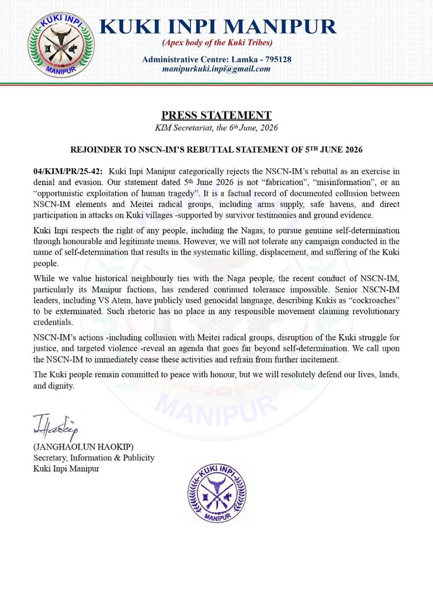minkukizo's tweet photo. Kuki Inpi Manipur issues strong rejoinder to NSCN-IM!

We categorically reject their denial & evasion. Our statement is rooted in facts — documented collusion, attacks on Kuki villages, and genocidal rhetoric.

We respect genuine self-determination but will NOT tolerate the killing & displacement of our people.

Kukis stand united: Peace with honour, but ready to defend our lives, lands & dignity.

Full statement below 👇

@UNHumanRights @volker_turk @UNGeneva @HMOIndia @PMOIndia 
@AmitShah @AmitShahOffice