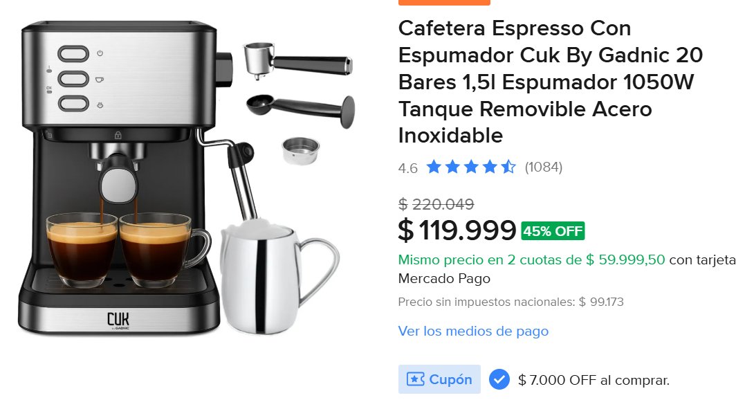 PromoManiaAr's tweet photo. ☕ Cafetera Espresso Cuk By Gadnic 20 Bares

💰 $119.999 - 45% OFF (o 2 cuotas sin interés)

🎟️ ¡Cupón de $7.000 OFF disponible al comprar!

Link https://t.co/MyfamdZoLN https://t.co/U3Z7z58jQt