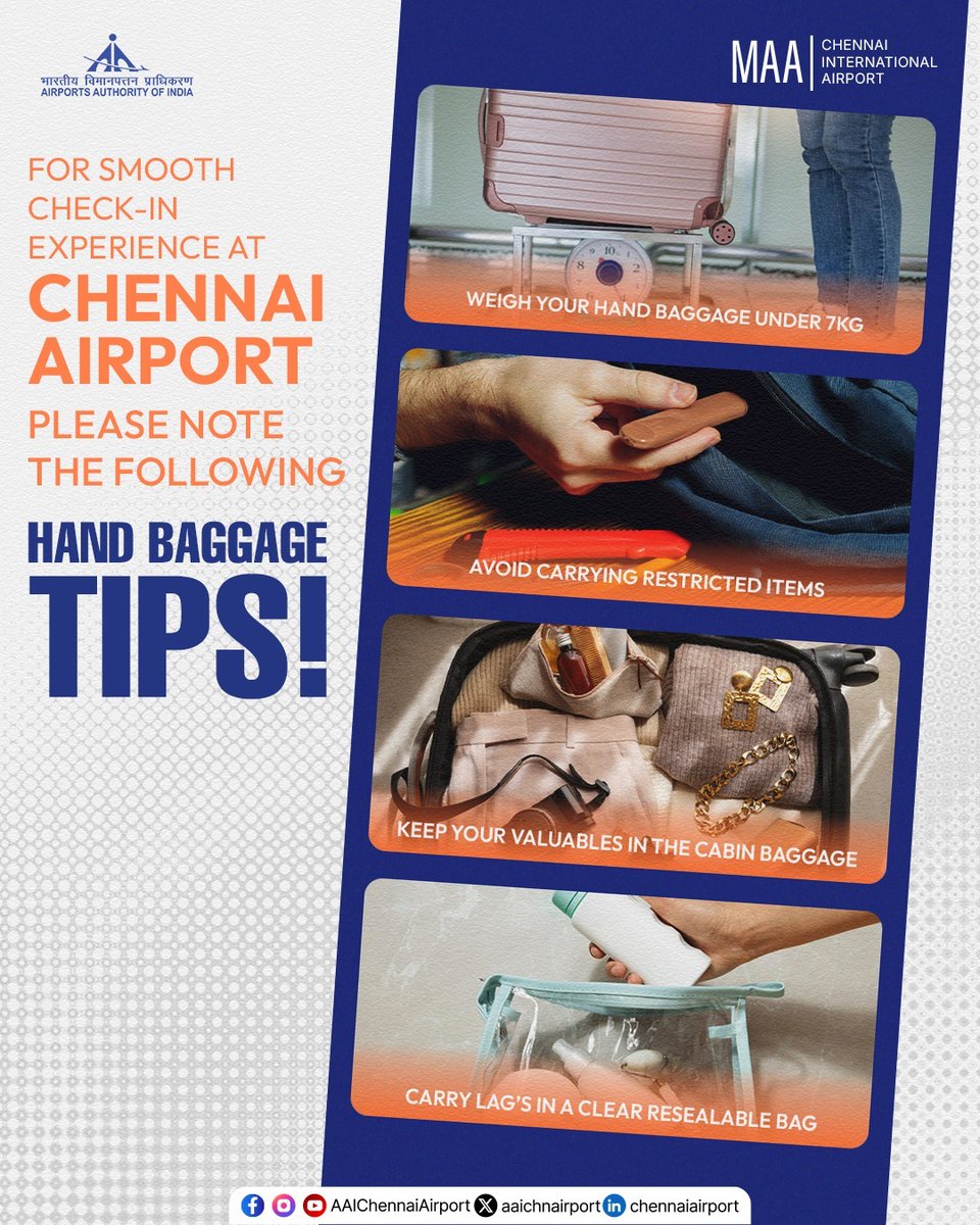 aaichnairport's tweet photo. Pack smart. Travel smooth. ✈️
A little preparation before your journey can go a long way in ensuring a seamless airport experience. Review your hand baggage before you travel and enjoy a hassle-free journey through #ChennaiAirport.
#TravelTips #PackSmart #TravelPrepared #TravelSmart #KnowBeforeYouFly
@MoCA_GoI | @AAI_Official