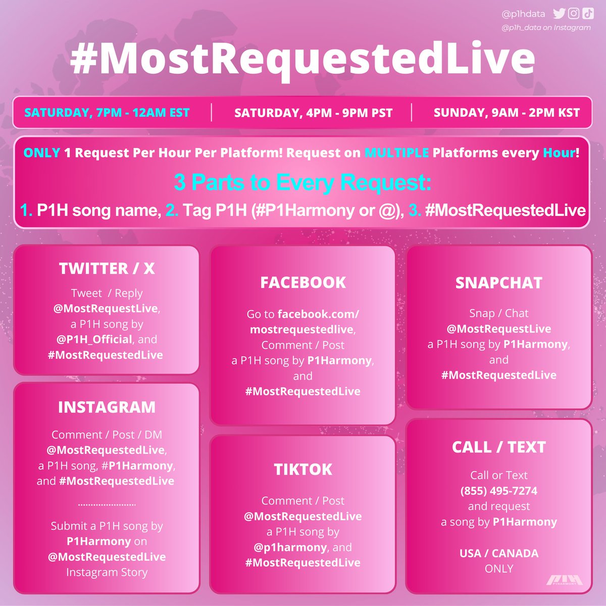 p1hdata's tweet photo. Reminder that tonight is #MostRequestedLive, #SetItOff, and Weverse Con Festival 2026! Radio requests will begin @ 7PM ET / 8AM KST, with the Festival starting later at 6PM KST. Check out the timetable below and grab your livestream ticket for P1Harmony's performance! 👇

▶️ Weverse Con livestream tickets: https://t.co/umuhO6K0mI

➡️ KEEP streaming #UNIQUE (https://t.co/1ABSF5SD6X) and grab a physical copy (if you can), https://t.co/mVVLfSTVyX!

[➕] P1ECE REMINDER: Requesting is crucial to helping P1Harmony's music be added on radio stations. More stations = a bigger audience hearing P1Harmony's music! More radio play = higher chances of charting on certain charts (i.e., Mediabase Top 40, American Top 40, Hot 100, etc.). Consistency is KEY!

🗓Week 13
⭐️Focus: #UNIQUE

🔵MOST REQUESTED LIVE (MRL)
⏰Starts: 7PM ET / 8AM KST
⏳Ends: 12AM ET / 1PM KST
🎯Goal: Top 10
✅1 request per Hour + Platform
✅Request: UNIQUE
❓How To Request: https://t.co/Br7eWJaHUs

🔵SET IT OFF
⏰Starts: 8PM ET / 9AM KST
⏳Ends: 10PM ET / 11AM KST
✅Unlimited requests, but don't spam
✅Request: UNIQUE
❓How To Request: https://t.co/YH08F1nUVv

#P1Harmony #피원하모니 #P1H @P1H_official