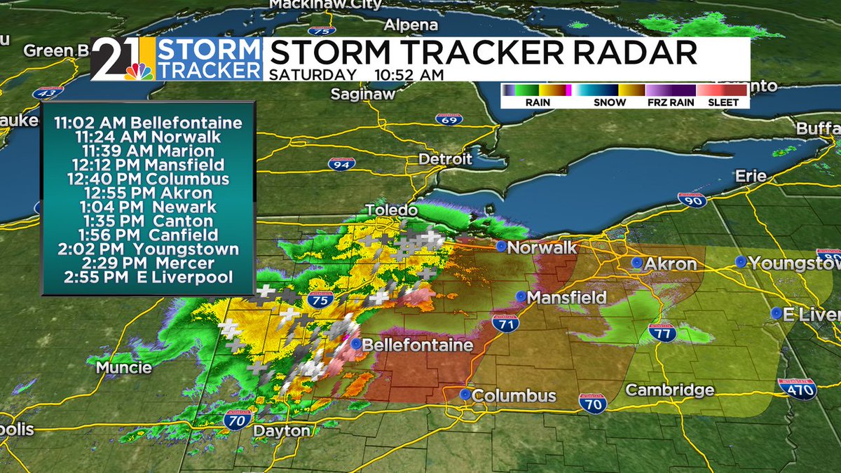 StormTracker21's tweet photo. 10:55a | A strong, but sub-severe cluster of thunderstorms is currently making its way through NW Ohio, with pea-sized hail and ~50 mph gusts reported. An arrival in our area is becoming more likely. Here's our best guess of timing: https://t.co/T7rL20rBSn