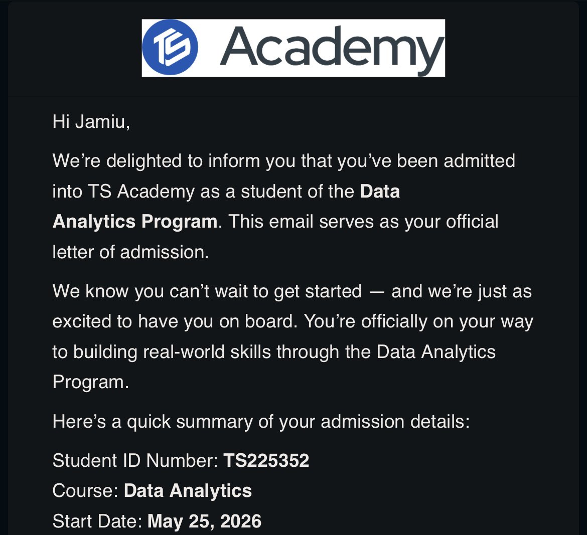 Elite__01's tweet photo. Excited to share that I've been admitted to @TechSphereAcad 
Grateful for the opportunity to learn, grow, and connect with amazing minds. Looking forward to staying curious, committed, and consistent throughout this journey. 🚀
#TSAcademy #LearningJourney #GrowthMindset https://t.co/fD1j1C0UES