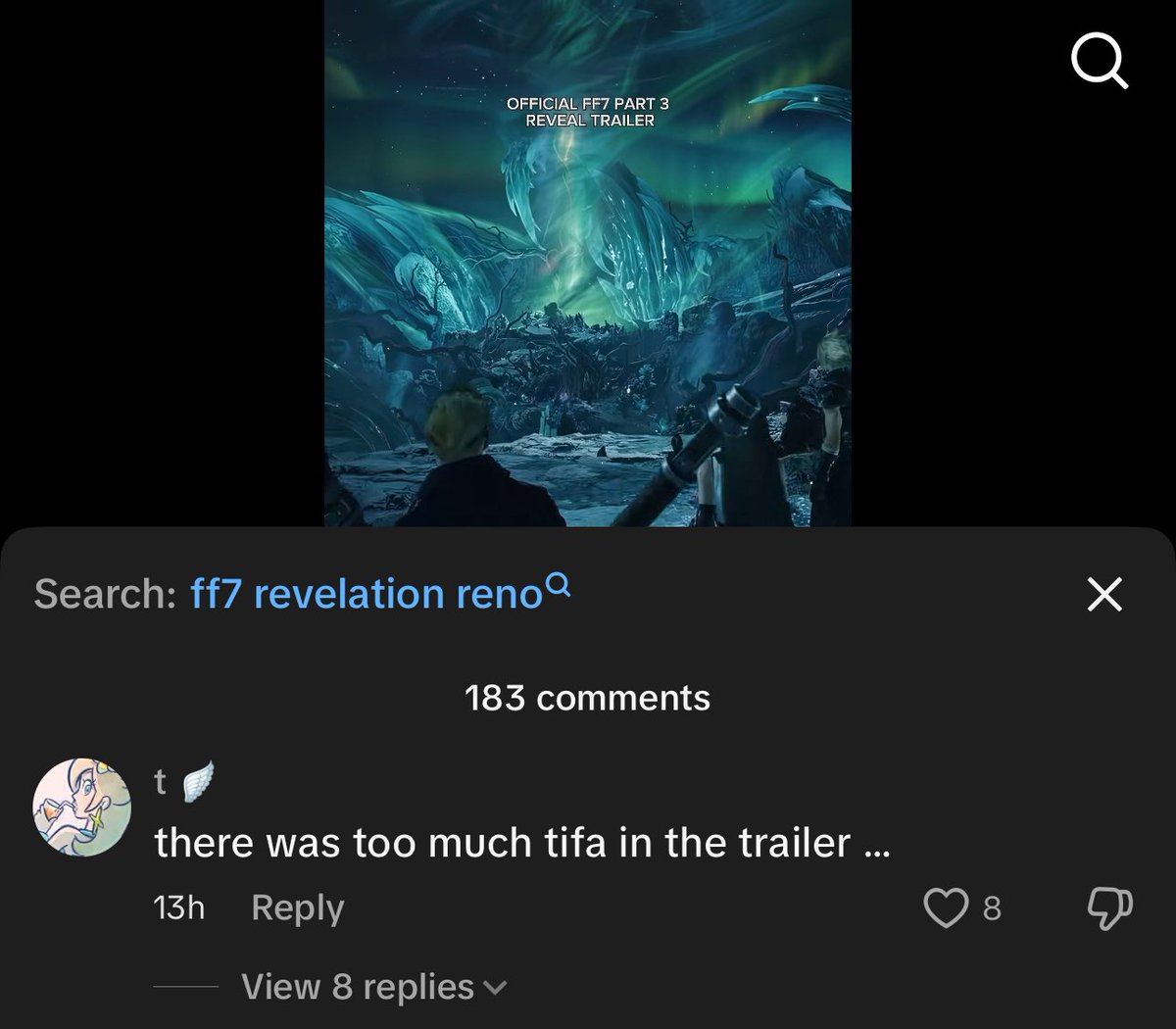 nocthart's tweet photo. if you think there was “too much tifa” in the revelation trailer don’t buy the game at all cause you’re gonna hateeeee it https://t.co/KZ7wPrjmme