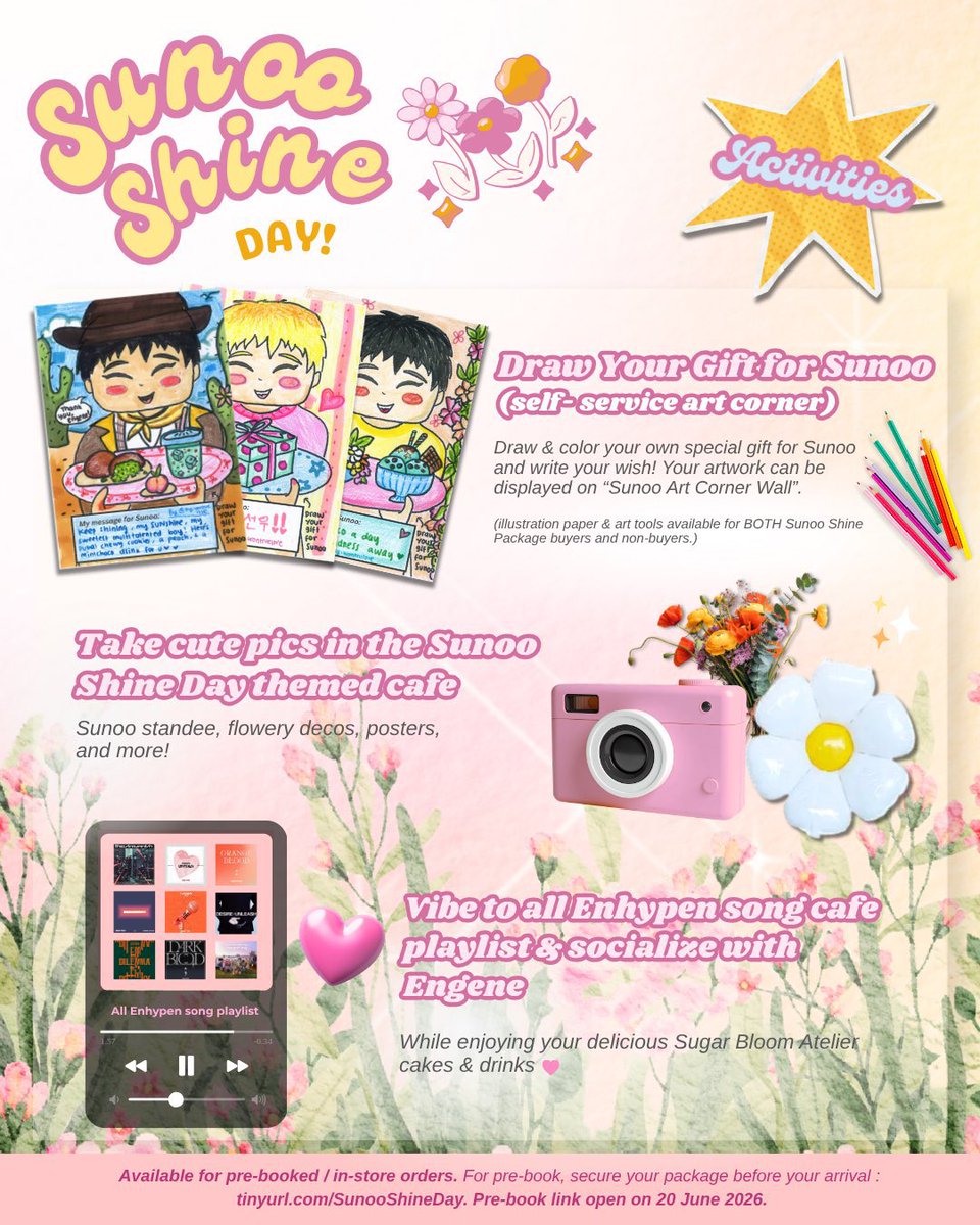 ENHYPEN_INA's tweet photo. ‼️Get a Chance to WIN 1 Free (ANY) dessert/drink item from Sugarbloom's menu (secret PC privilege)‼️
🎨𝑫𝒓𝒂𝒘 𝒚𝒐𝒖𝒓 𝑮𝒊𝒇𝒕 𝒇𝒐𝒓 𝑺𝒖𝒏𝒐𝒐 & 𝒎𝒆𝒆𝒕 𝒘𝒊𝒕𝒉 𝑬𝒏𝒈𝒆𝒏𝒆🌸
Pre-book (PO) link open 20 June 2026.
#SunooShineDay #SunooBirthdayCafe #BSDCity https://t.co/rWBQyXMpTv