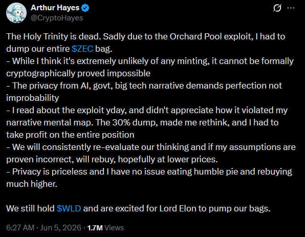 0xSweep's tweet photo. Arthur Hayes shilled all of his bags just to turn everyone into exit liquidity

Only in crypto 💀 https://t.co/LWcTDkGIa5