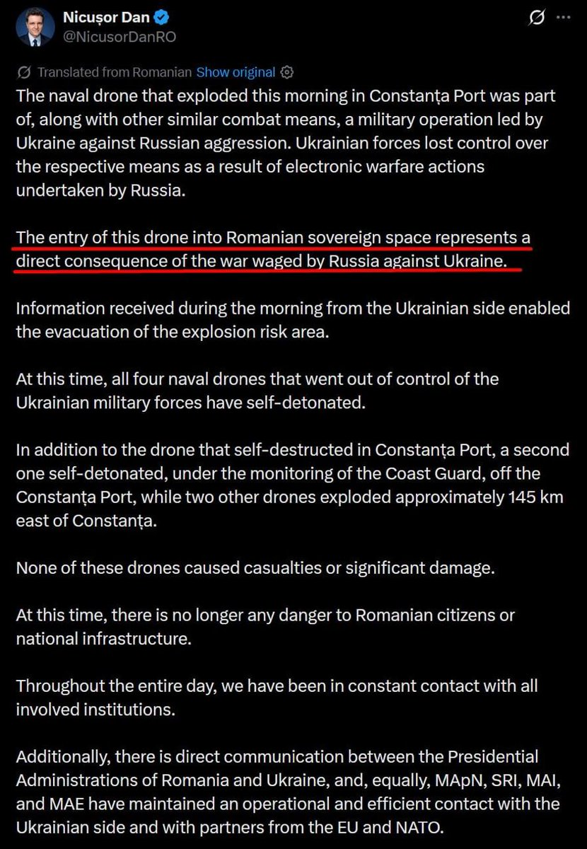 MarioNawfal's tweet photo. 🇺🇦🇷🇴🇷🇺 Ukraine's Sea Baby drone self-detonated in a Romanian NATO port yesterday after drifting off course during a Black Sea mission.  

The 'Sea Baby' USV was operating in the area near the SAFEEN ELONA, a sanctioned oil tanker that had been near Năvodari. Ukraine notified Romanian authorities in the morning before the blast.  

Dock workers were evacuated safely with no injuries.  Romania's president blamed Russia for the incident as a consequence of the war while confirming close coordination with Ukraine.  

The quote that cuts through it is unverified.  

Ukraine's shadow fleet campaign is legitimate. But a Ukrainian drone self-detonating inside a NATO ally's civilian port is a different conversation entirely.  

Source: AP, Reuters, Ukrainian Navy statement + Romanian Ministry of National Defence