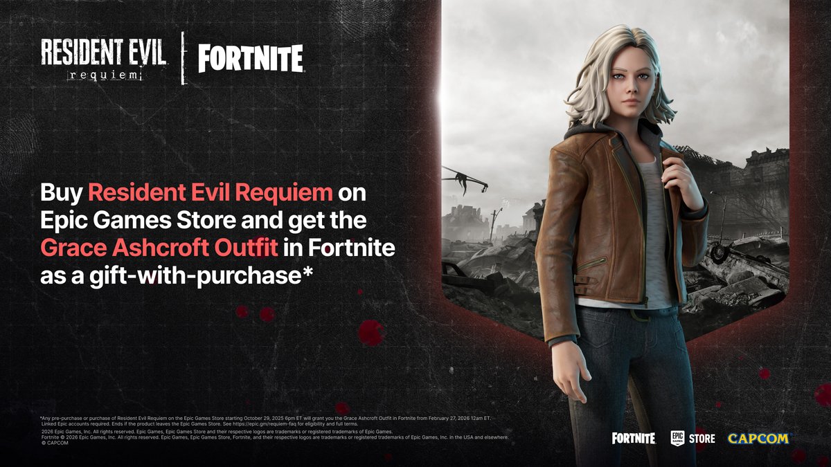 EpicGames's tweet photo. Surviving the horrors, one resident at a time 🧟 Resident Evil Requiem is now 20% off for MEGA Sale! Offer ends June 11. https://t.co/tPF2VfSdJ8 

Purchase the game on the Epic Games Store to receive the Grace Ashcroft Outfit in @Fortnite as a gift-with-purchase! @RE_Games https://t.co/b4I5ROSSjF