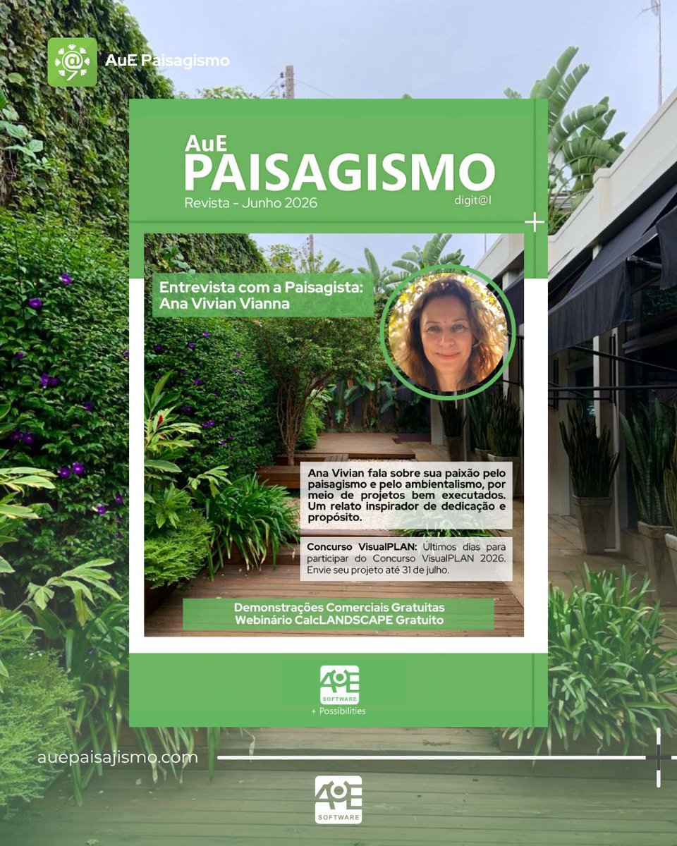 AuE_Software's tweet photo. A edição de junho da Revista AuE Paisagismo Digit@l já está disponível!

Neste mês, reunimos conteúdos para quem busca se atualizar, aprender e se inspirar no universo do paisagismo. 

Aproveite a leitura e descubra ideias que podem fazer a diferença nos seus próximos projetos. https://t.co/Y8882Pf14s
