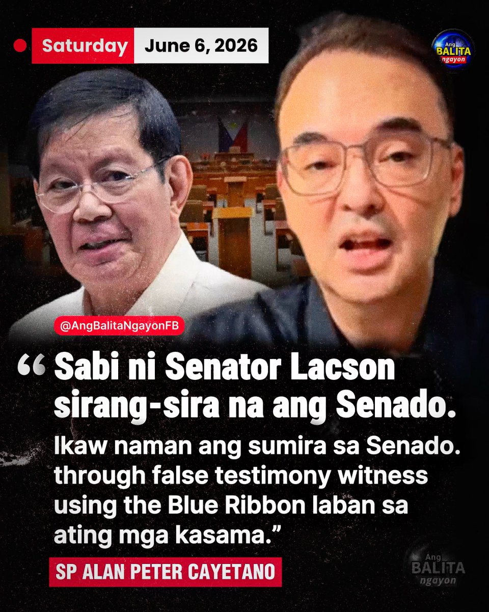 BalitaNgayonFB's tweet photo. “IKAW ANG SUMIRA SA SENADO!”

Mariing sinagot ni Senate President Alan Peter Cayetano si Senador Ping Lacson matapos sabihin ng huli na umano’y “sirang-sira na” ang Senado.

Sa isang Facebook Live, diretsahang itinuro ni Cayetano si Lacson bilang responsable sa umano’y pagkasira ng kredibilidad ng Mataas na Kapulungan dahil sa mga kontrobersyal na pagdinig ng Blue Ribbon Committee.

“Sabi ni Senator Lacson sirang-sira na ang Senado. Ikaw naman ang sumira sa Senado through false testimony witness using the Blue Ribbon laban sa ating mga kasama.”

Ang pahayag ni Cayetano ay lumabas sa gitna ng patuloy na bangayan sa Senado kaugnay ng flood control investigation at sa kredibilidad ng ilang testigong iniharap sa mga pagdinig ng Blue Ribbon Committee.

Dagdag pa niya,

“Every time that the truth is about to come out, wini-weaken ang institutions.”

Iginiit din niya na ang pagbaluktot umano sa batas at Konstitusyon ang tunay na nagpapahina sa mga demokratikong institusyon ng bansa.

“They’re bending the law and they’re bending the Constitution, which is weakening institutions.”

(“Binabaluktot nila ang batas at ang Konstitusyon, at ito ang nagpapahina sa mga institusyon.”)

Ang banat ni Cayetano ay tugon sa mga naunang pahayag ni Lacson na nagsabing nasira na umano ang imahe ng Senado dahil sa mga nagaganap na sigalot at kontrobersiya sa loob ng kapulungan.