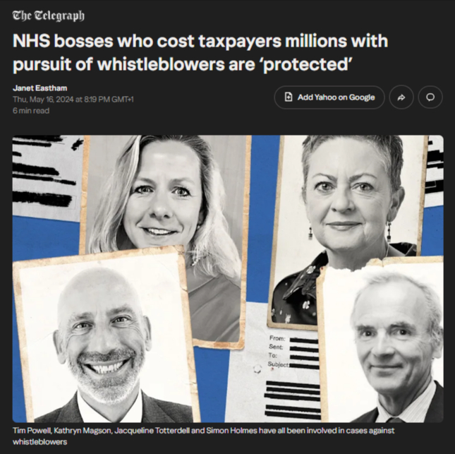 ArturNadol7566's tweet photo. NHS BOSSES WHO COST TAXPAYERS MILLIONS ARE BEING QUIETLY RECYCLED INTO NEW NHS JOBS

A major @Telegraph investigation published in May 2024 interviewed 52 NHS doctors, midwives and nurses who raised patient safety concerns. Of those 52, only 27 remain in full NHS employment.

The managers who went after them? Most are still working in the NHS.

Here is who they found.

Simon Holmes. Portsmouth University Hospitals. Cost to taxpayer: £679,000.

Dr Jasna Macanovic was a kidney consultant who raised patient safety concerns about a dialysis procedure. Holmes, then medical director, launched a disciplinary investigation against her. A tribunal found it was direct retaliation under whistleblowing law. Dr Macanovic won £219,000 in compensation. NHS legal costs came to £460,000.

Holmes retired from Portsmouth and moved to Hampshire Hospitals NHS Foundation Trust as their Non-Executive Director responsible for speaking up culture. Pay: £20,000 per year stipend, on top of his NHS pension. He passed the fit and proper persons test.

Tim Powell. Portsmouth University Hospitals. Same case. Same new trust.

Powell was HR director when Dr Macanovic was wrongly dismissed. The tribunal heard he blocked an internal investigation that would have scrutinised those targeting her. He is now Chief People Officer at Hampshire Hospitals. Same building as Holmes.

Kathryn Magson. Isle of Man Department of Health. Cost to taxpayer: over £4 million.

Dr Rosalind Ranson was the island's medical director. She raised patient safety concerns and challenged whether Covid advice was being passed to ministers. 

Her boss Kathryn Magson responded with what a tribunal described as humiliation, bullying, harassment and vilification. The judge called Magson's conduct "vindictive," "self-serving," and found her defence was "a travesty of the truth" drafted substantially by Magson herself. Dr Ranson was awarded £3.2 million. She has been unable to find NHS work since. 

Ted Baker. Care Quality Commission @CareQualityComm. Case cost: undisclosed.

Orthopaedic surgeon Shyam Kumar worked part-time as a CQC hospital inspector. Between 2015 and 2019 he raised repeated concerns about unsafe inspections, patient harm and bullying. The CQC dismissed him. A Manchester Employment Tribunal found he was unfairly dismissed because of his whistleblowing. His concerns were found to be justified. 

Throughout proceedings, Ted Baker, then CQC Chief Inspector of Hospitals, maintained the official position that Kumar had been sacked for inappropriate behaviour. That position was later comprehensively rejected by the Employment Tribunal. Baker has since retired from the CQC and been appointed Chair of the Healthcare Safety Investigation Branch. 

Jacqueline Totterdell. Epsom and St Helier / St George's University Hospitals. Cost to taxpayer: £12 million.

Prof Marjan Jahangiri was an eminent cardiac surgeon who raised patient safety concerns. Totterdell, group chief executive, wrongfully suspended him. A High Court judge found her decision-making "wholly inadequate." The suspension cost the trust £11 million in lost revenue and £936,000 in legal costs. That trust now projects a £115 million deficit. 

Totterdell remains in post on £180,000 per year.

Paula Vennells. Imperial College Healthcare NHS Trust.

The disgraced Post Office chief executive, fresh from apologising over the wrongful prosecution of sub-postmasters following a High Court ruling, was appointed board chairman at Imperial College Healthcare NHS Trust in 2019. No one asked any questions. 

The pattern is the same in every case. The whistleblower loses their career. The manager who went after them gets promoted, recycled into a neighbouring trust, or handed a new role. In some cases NHS managers are accused of falsifying or destroying evidence to make whistleblowers appear to be the guilty ones. 

Of the 52 medics interviewed by The Telegraph, 41 said their own conduct had been investigated rather than the issue they had raised. 

Obstetrician Martyn Pitman @MartynPitman described the system plainly: "NHS executives are recycled within the system. Time and time again we see the re-appointment merry-go-round. If it was a senior clinician who made the equivalent mistakes, they just wouldn't get another job."

In November 2024, Health Secretary @wesstreeting launched a public consultation on proposals to regulate NHS managers and bar those who silence whistleblowers from ever working in senior NHS roles again. A consultation has been launched. Again. 

This proposal has been made before. Nothing happened.

At a conference organised by @justice4doctor Justice for Doctors, Professor Jane Somerville of Imperial College London called for NHS managers to face the same regulatory standards as the doctors they manage.

Doctors lose their licence. Managers get a new office.

Sources: @Telegraph @BBCNews @bbchealth @HSJnews @BylineTimes @davidhencke @alexander_minh @MartynPitman @justice4doctor