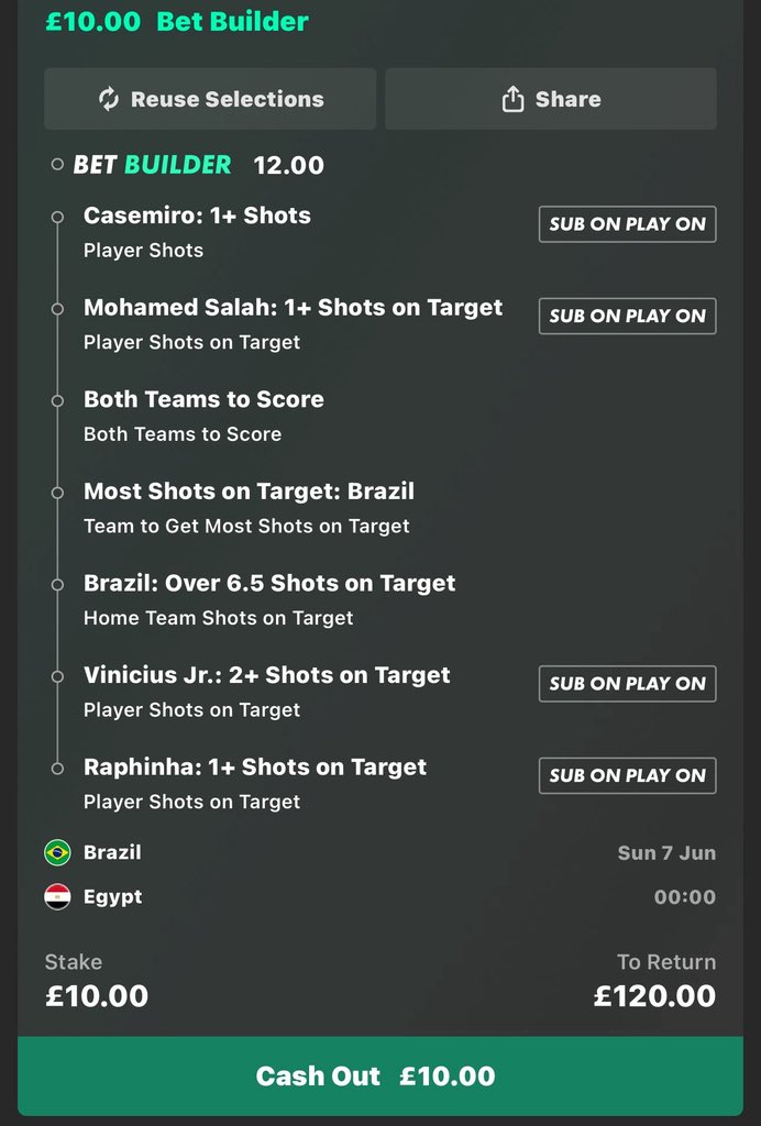 tipsterKC1's tweet photo. 📊BRAZIL VS EGYPT BET BUILDER CHEAT SHEET 

🎯11/1 (12.00) longshot 

🏆 WORLD CUP FRIENDLIES 

FREE BANKER PINNED 📌

#WorldCup https://t.co/79XMTRPNTF