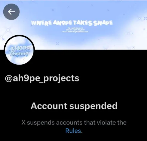 ahofglobalfoha's tweet photo. Hello FOHAs,

The @ah9pe_projects account has unfortunately been suspended on X. We believe this may have been an error, as the account has been dedicated solely to organizing and promoting fan projects in support of AHOF.

We kindly ask FOHAs who have supported, worked, or currently working with AH9PE Projects to help by submitting an appeal to X and showing support for the account's reinstatement.

AH9PE Projects has played an important role in coordinating fan-led projects for AHOF, and we hope to see the account restored as soon as possible.

Thank you for your support.

#AHOF #RestoreAh9peProjects
@X @Support