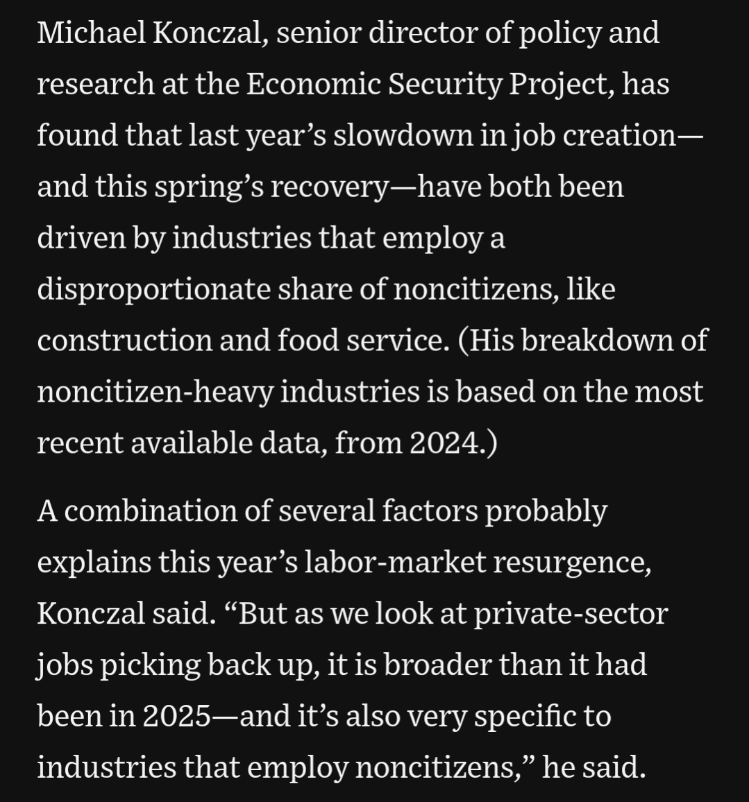 anonrandox's tweet photo. Private sector employment growth driven by industries that employ non-citizens. https://t.co/RSMDpoELlx