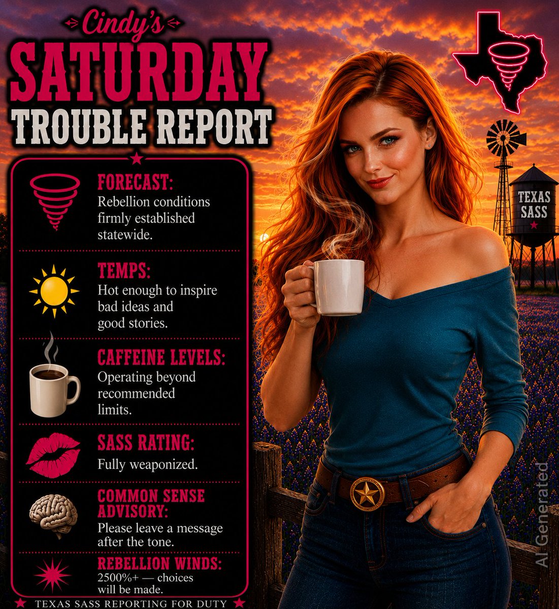 bandsmom1_no's tweet photo. Good morning X Fam 🙏☕️☕️☕️
Cindy's Trouble Report 🔥🌪 I am The Storm

🔥 Weekend chaos fully established 😏

💋 Borderline legendary 😉

🚨 Strong and strengthening 🌪

❤️ Commit an Act of Kindness today

#CindysTroubleReport #TexasSass #JuneKindness https://t.co/RP9AMoKPuc