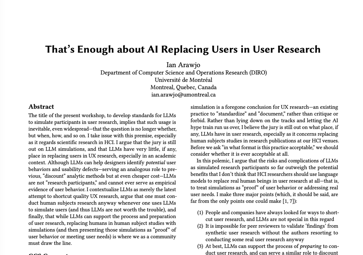IanArawjo's tweet photo. At CHI '26 I presented my position piece, "That's Enough about AI Replacing Users in User Research," at the Workshop on LLMs as Simulated Research Participants. It was controversial, although (imo) well-received. I've now posted it on my site: https://t.co/1YrD3j9aEE https://t.co/CfGR3dPnYw