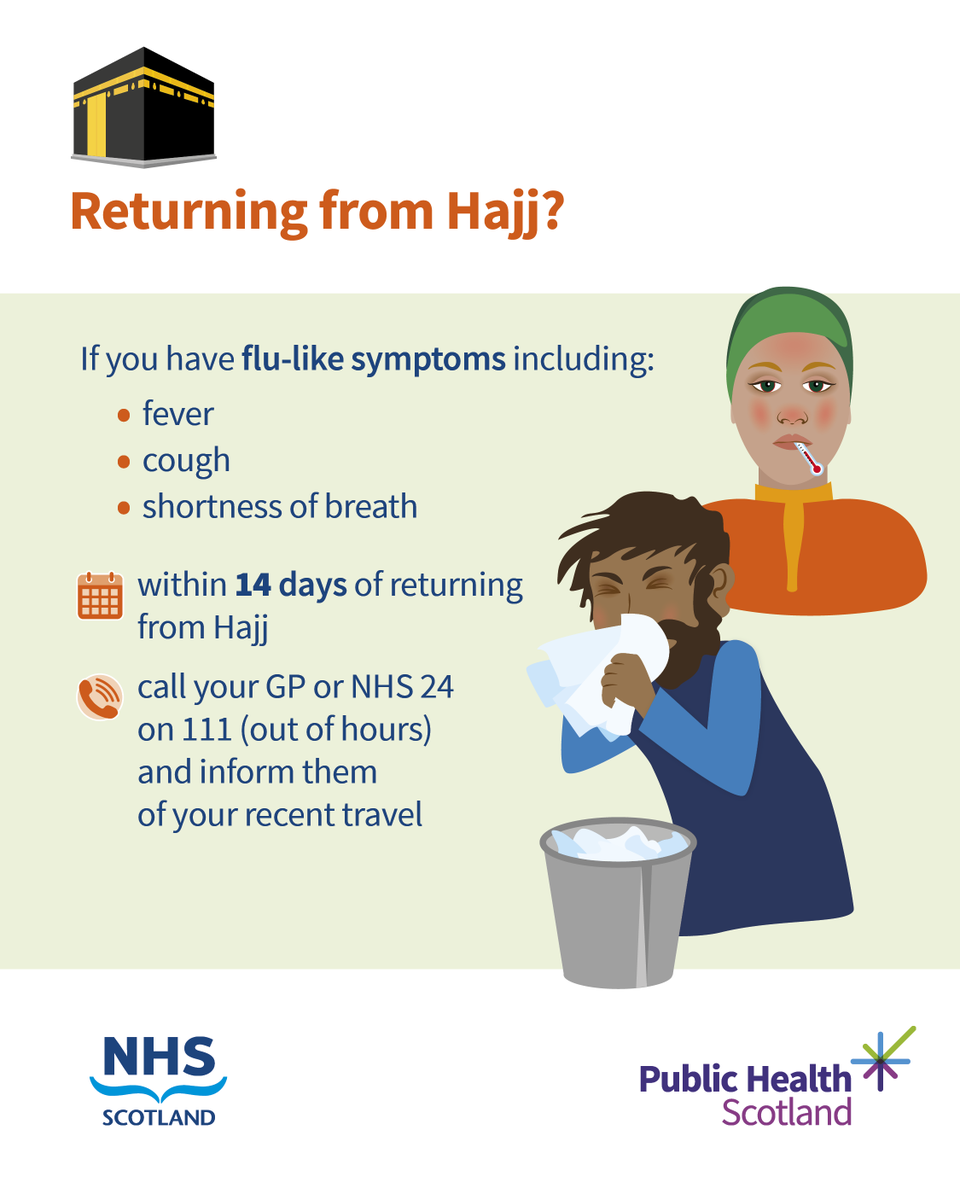 NHS_Lothian's tweet photo. If you’ve returned from Hajj in the last 2 weeks and feel unwell, it’s important you call your GP for medical advice. For more information visit https://t.co/WgnCLEvSes or call 0800 22 44 88. https://t.co/56fa4hDWiu