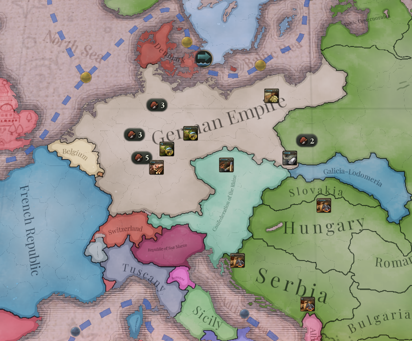 asubparusername's tweet photo. I was confused why the Confederation of the Rhine journal appeared, so I clicked it and it merged Bohemia and Austria lol. apparently Bohemia counts because it has German homelands, and because it used Bohemia's tag the Confederation of the Rhine is now Czech. https://t.co/Tylk8n5c5j