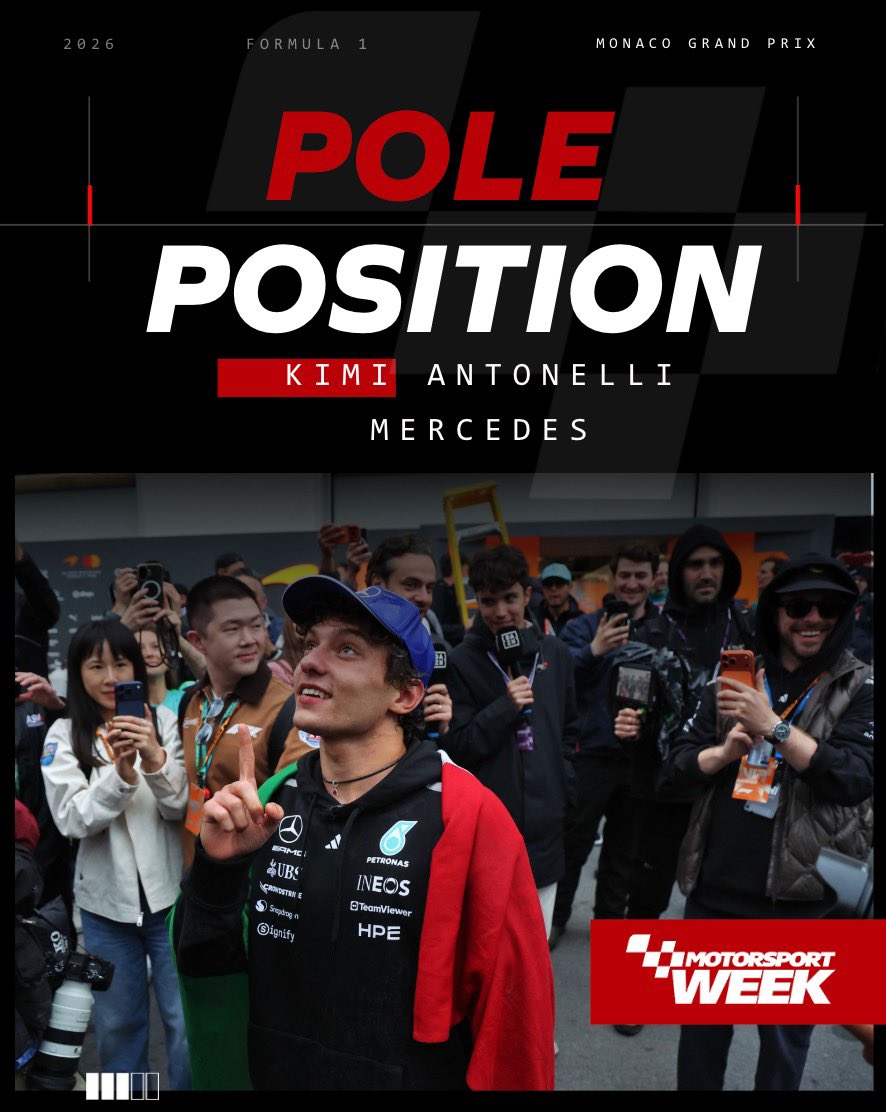 MotorsportWeek's tweet photo. Kimi Antonelli continues his impressive form at the #MonacoGP securing his first pole position at the iconic venue. 

#KimiAntonelli #F1 https://t.co/dcf3ZAtHbw