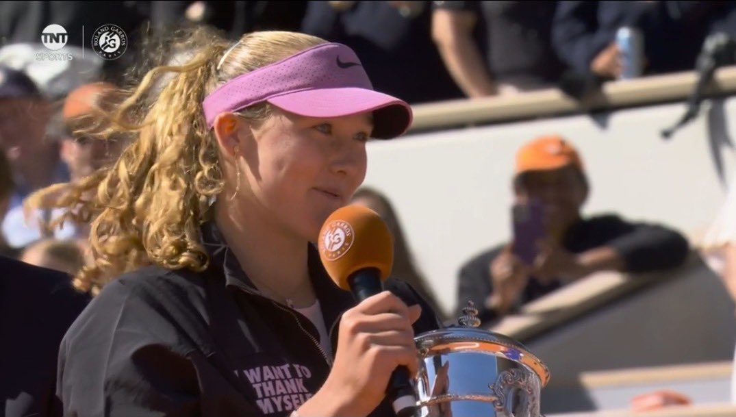 TheTennisLetter's tweet photo. Mirra Andreeva after beating Maja Chwalinska in the Roland Garros final

“Of course first of all congrats to Maja for these amazing 3 weeks. Passing through qualies, winning so many matches, beating so many great players, congrats to your team as well. You guys have done an amazing job. You’re a very tricky opponent. I wouldn’t want to play against you one more time. 😂 I wish you the best of the luck for the rest of the season and I hope we play…. Ok 😂 it’s fine. I hope we play many many more finals together in the future.” ❤️