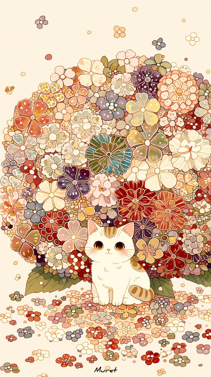 【再販品】猫ちゃん♡紫陽花の庭でティータイム あじさい 原画 シーグラスアート towaさんの☔️不思議な紫陽花💧 プロンプトをお借りしました✨ 紫陽花