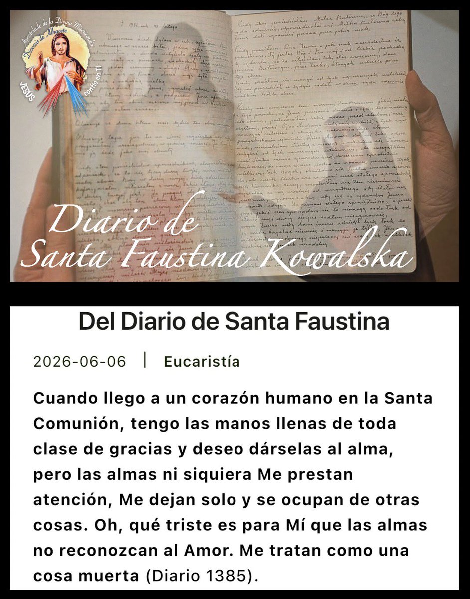 AlbaDivinaMercy's tweet photo. «Cuando llego a un corazón humano en la Santa Comunión, tengo las manos llenas de toda clase de gracias y deseo dárselas al alma... Oh, qué triste es para Mí que las almas no reconozcan al Amor. Me tratan como una cosa muerta» (Diario 1385).

#JesúsConfíoEnTi https://t.co/Ei3OcD1P40