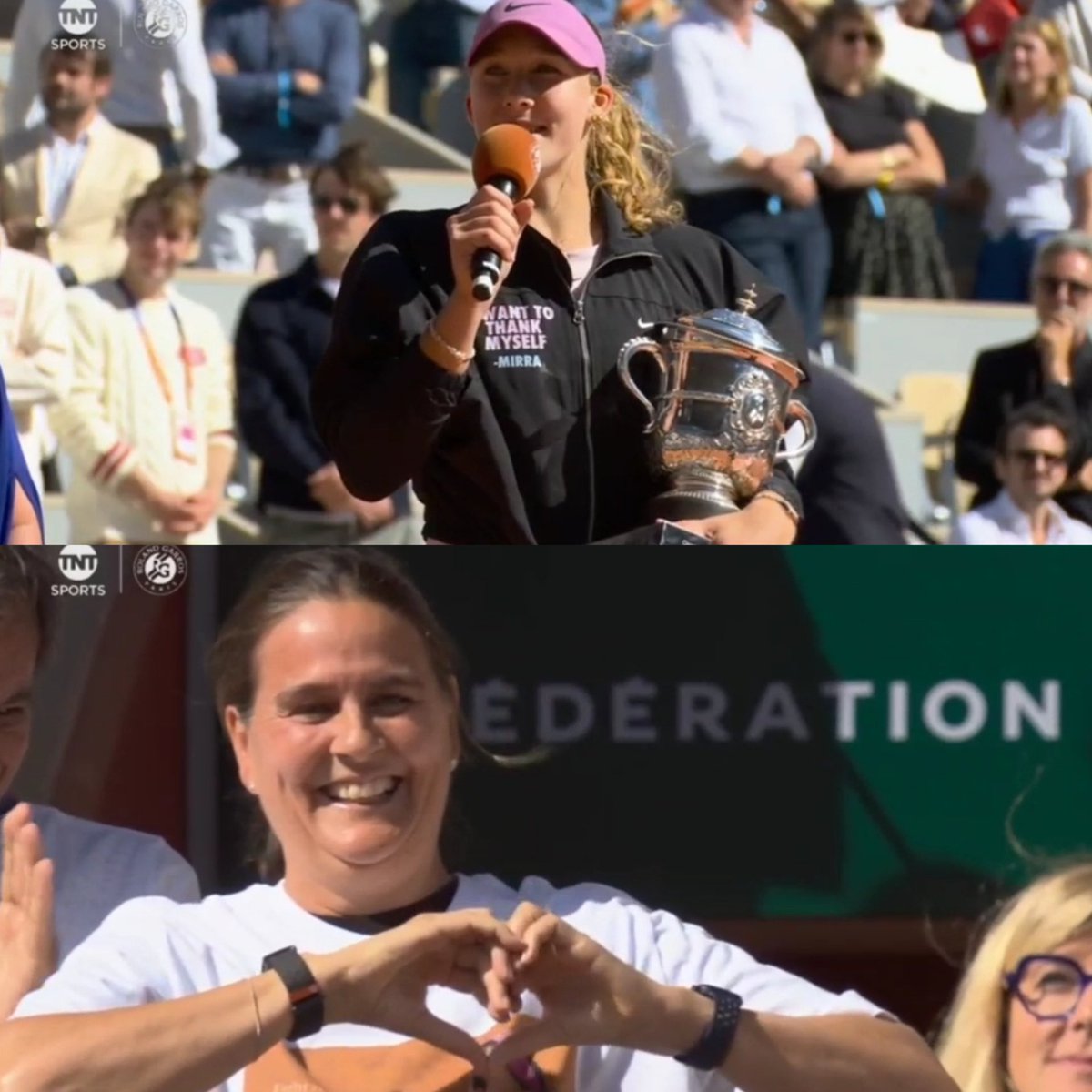 TheTennisLetter's tweet photo. Mirra Andreeva thanks her parents and team after winning Roland Garros

“Thanks to my team. I can be a tough cookie sometimes. 😂 It’s pretty hard to put up with me certain days. Thank you very much for pushing me to my limits. Thank you for making me work even when I don’t want to work. You always push me. Thanks to Conchita especially for sharing her experience.  Giving me so much advice. I’m not gonna thank every one of you because I think that’s too much 😂 But thanks to every single one of you on my team who supports me.”

“I will say a special thanks to my parents for always supporting me and always believing in me. My dad is currently watching on tv. Thanks so much for always being there for me and supporting me no matter what.” ❤️